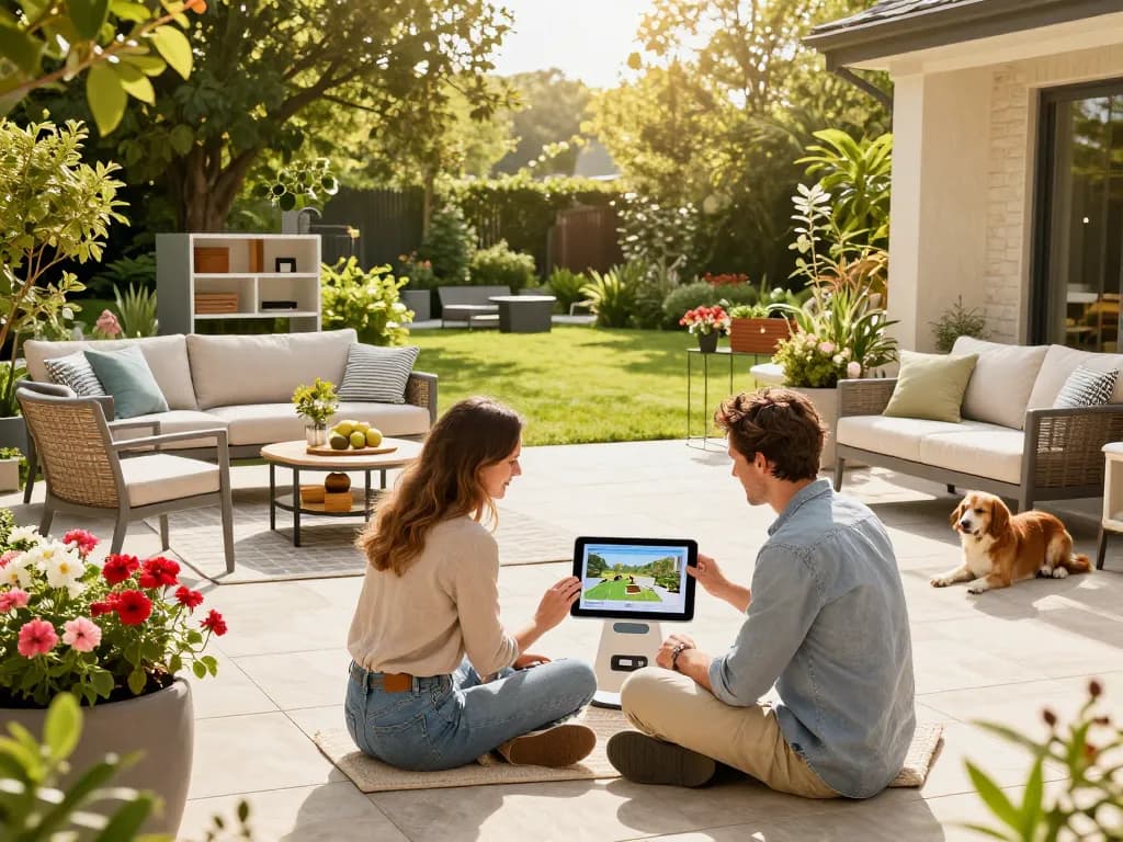 Couple using a configuratore 3D outdoor tool to design their ideal outdoor space.