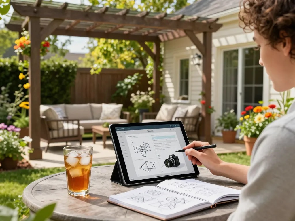 Configuratore pergole con preventivi automatici in un elegante giardino con vegetazione lussureggiante e una persona che utilizza un tablet per ispirazione nel design.