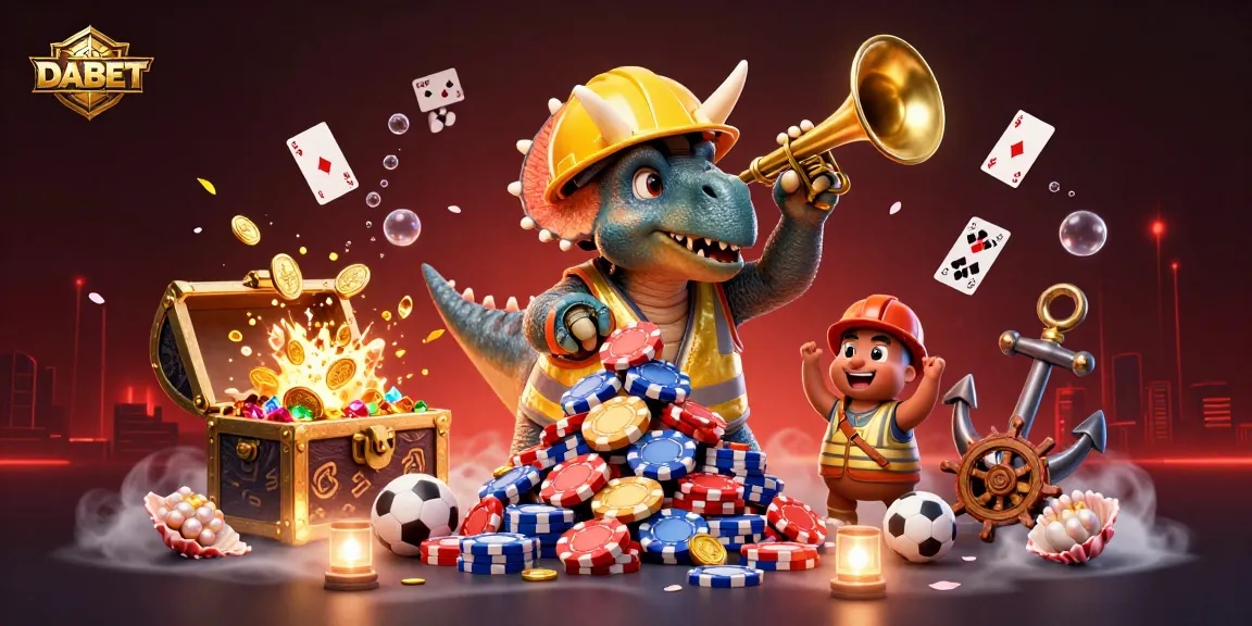 DABET features a vibrant 3D scene with animated characters celebrating around casino elements and sports themes.