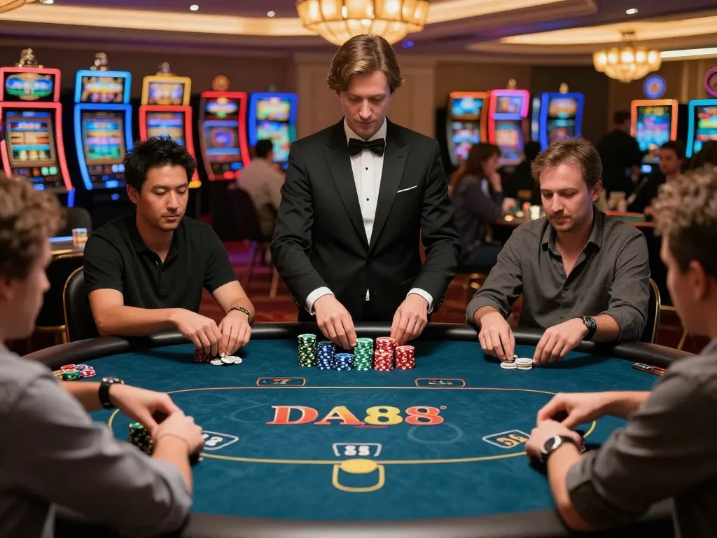 Players strategizing with DA88 insights at a high-stakes poker table in a vibrant casino.