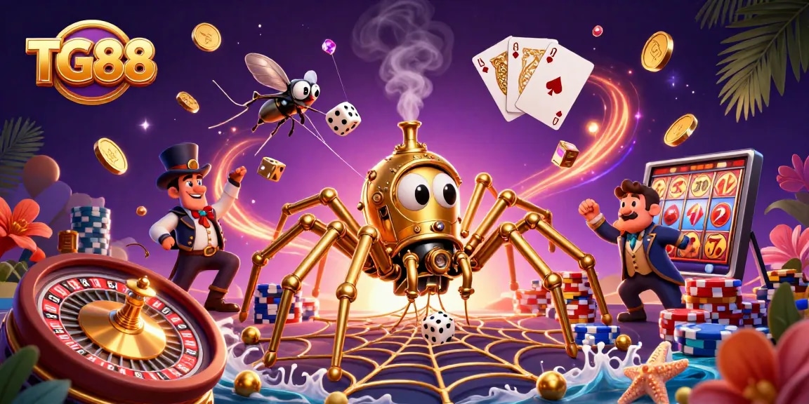 Experience winnings at TG88 as a whimsical steampunk spider traps dice in a magical casino web.
