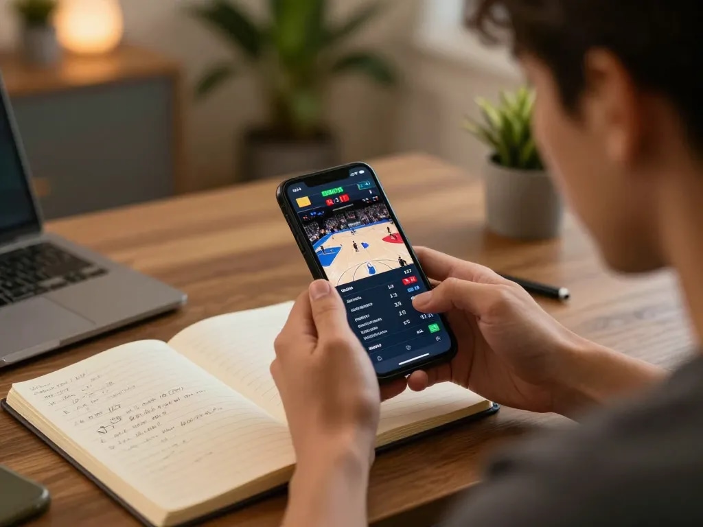 Person engaged in sports betting on mobile device, analyzing odds and strategies with open notebook, open88c.