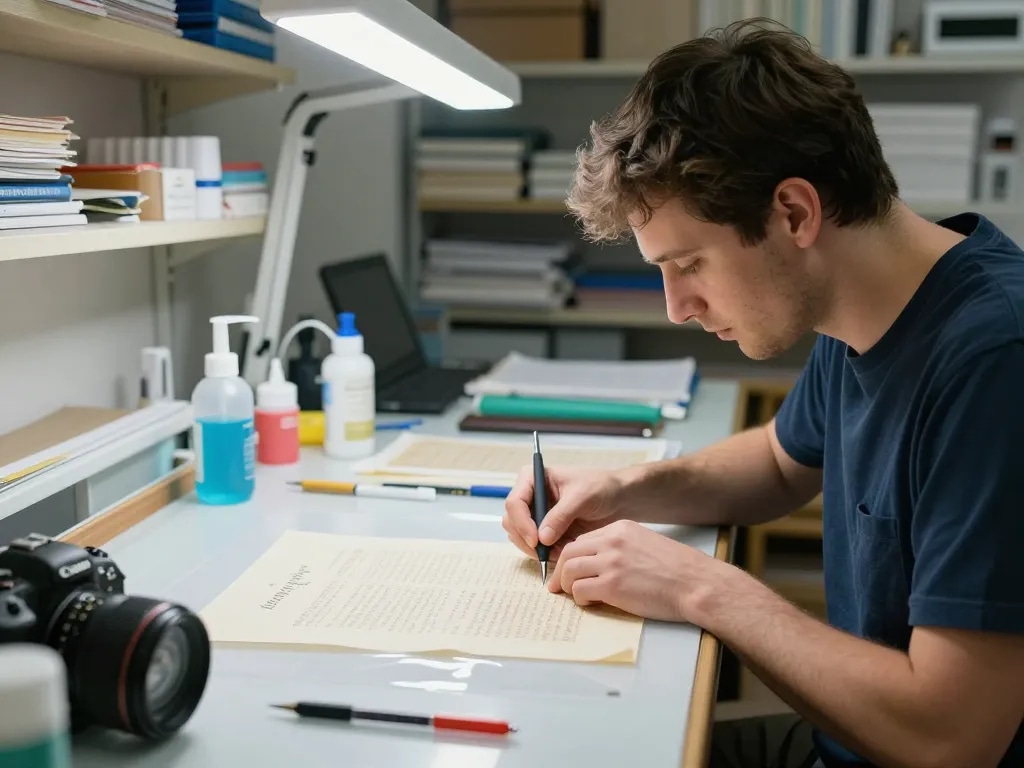 Professional document restoration technician performing cách bóc giấy tờ đã ép plastic safely and effectively.