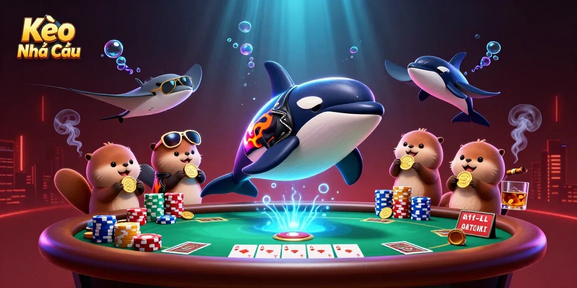Kèo Nhà Cái showcase with an orca whale, stingray, and sea otters among casino elements for vibrant betting action.