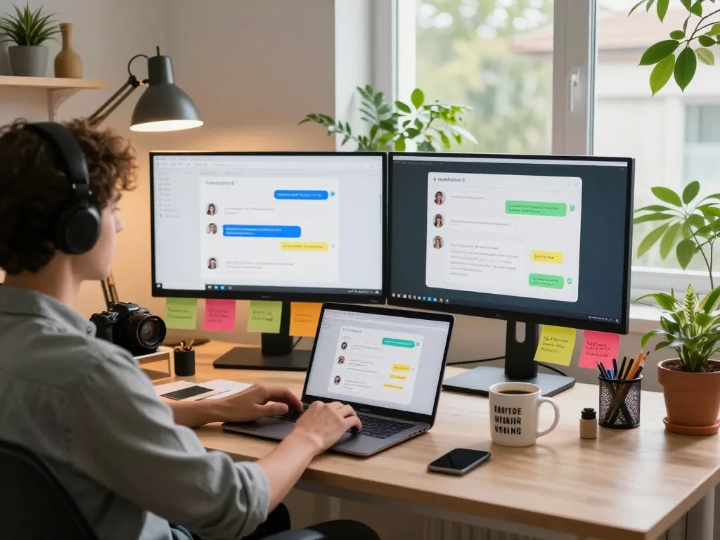 User engaging with CrushonAI in a vibrant home office environment, showcasing tech accessories and an inviting atmosphere.