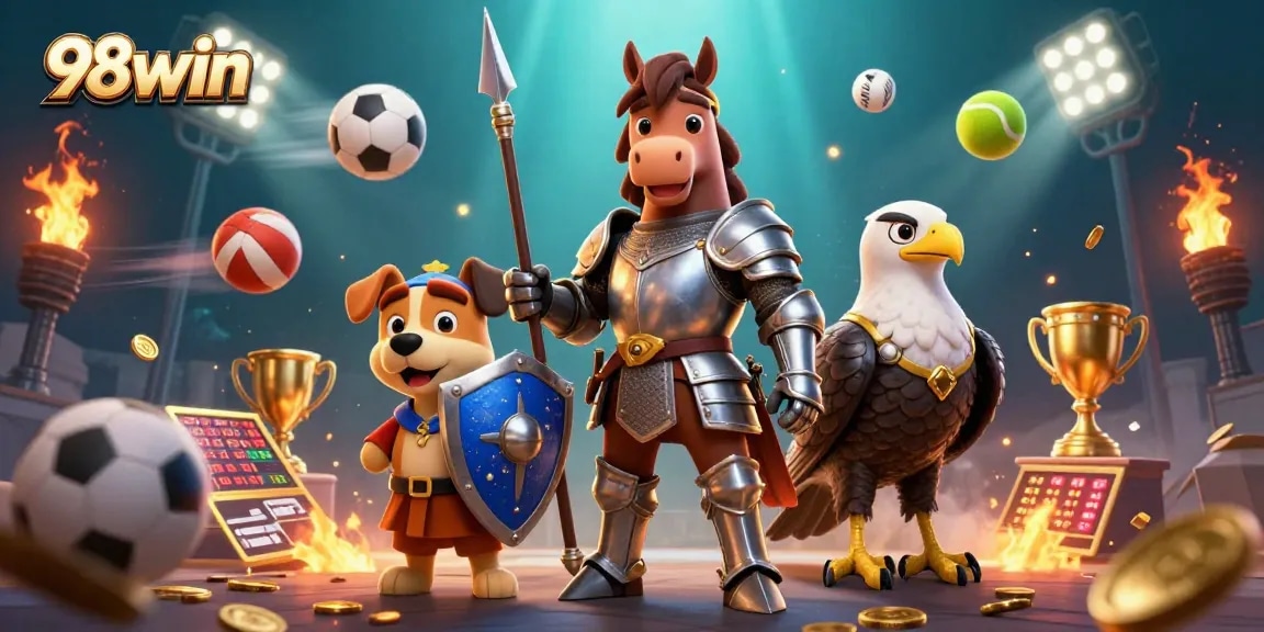 Bet on thrilling games with 98win in an energetic casino scene showcasing knights, sports, and trophies.