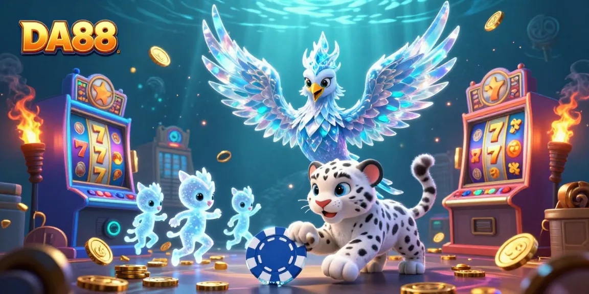DA88 showcases a captivating scene with an ice phoenix, playful snow leopard cub, and dancing ice sprites around colorful slot machines.