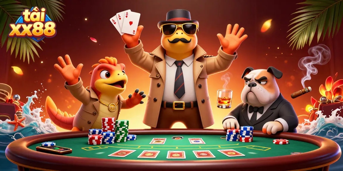 Experience the thrill of casino action with tải xx88 featuring three raptors in disguise at a poker table.