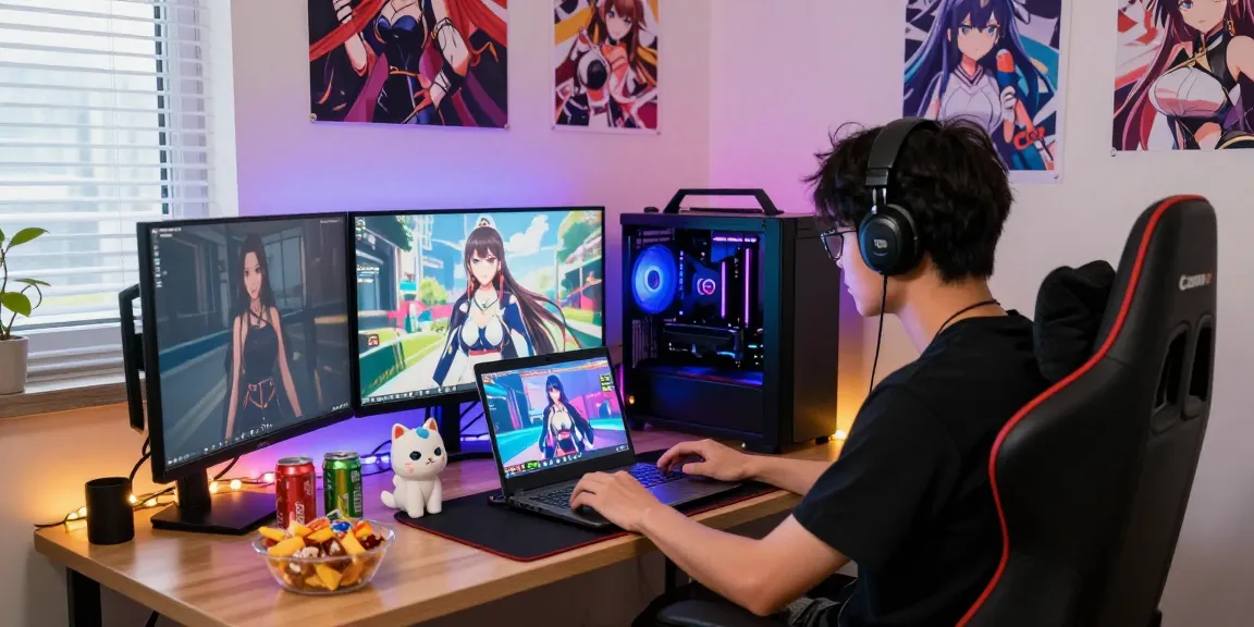 Player immersed in a hentai game on a laptop in a cozy gaming room with vibrant LED lights and collectibles.
