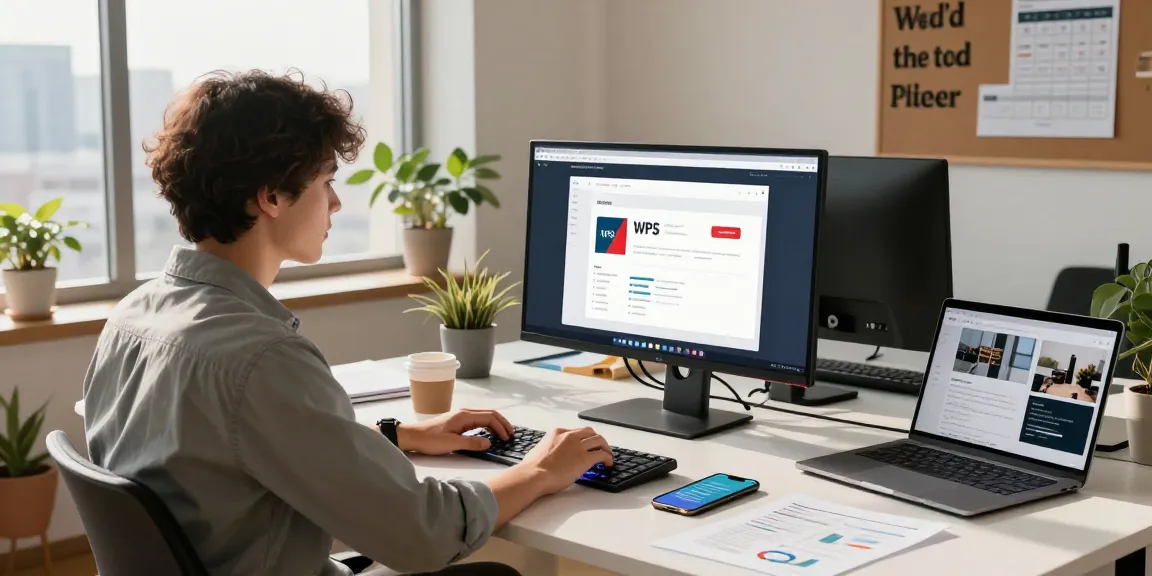 Young professional using WPS Download in a modern tech workspace.