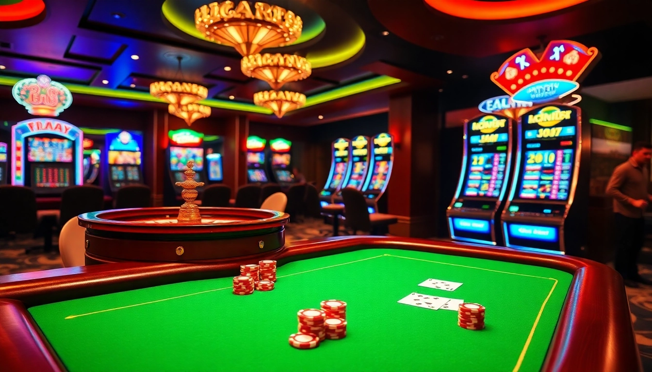 Players enjoying thrilling gameplay at adobet88's vibrant casino, showcasing poker chips and slot machines.