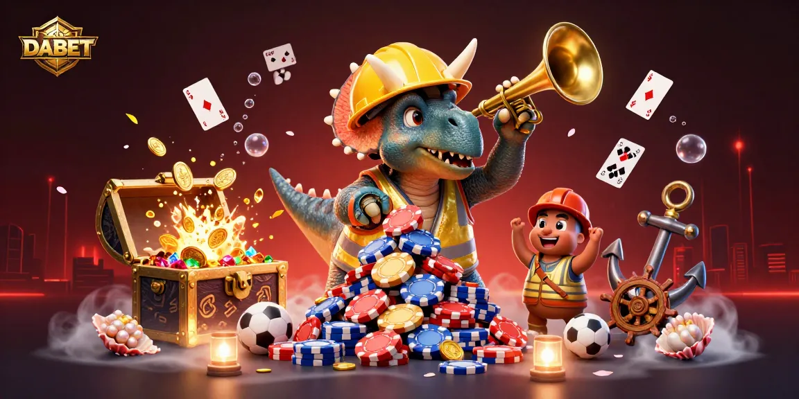 DABET features a vibrant 3D scene with animated characters celebrating around casino elements and sports themes.