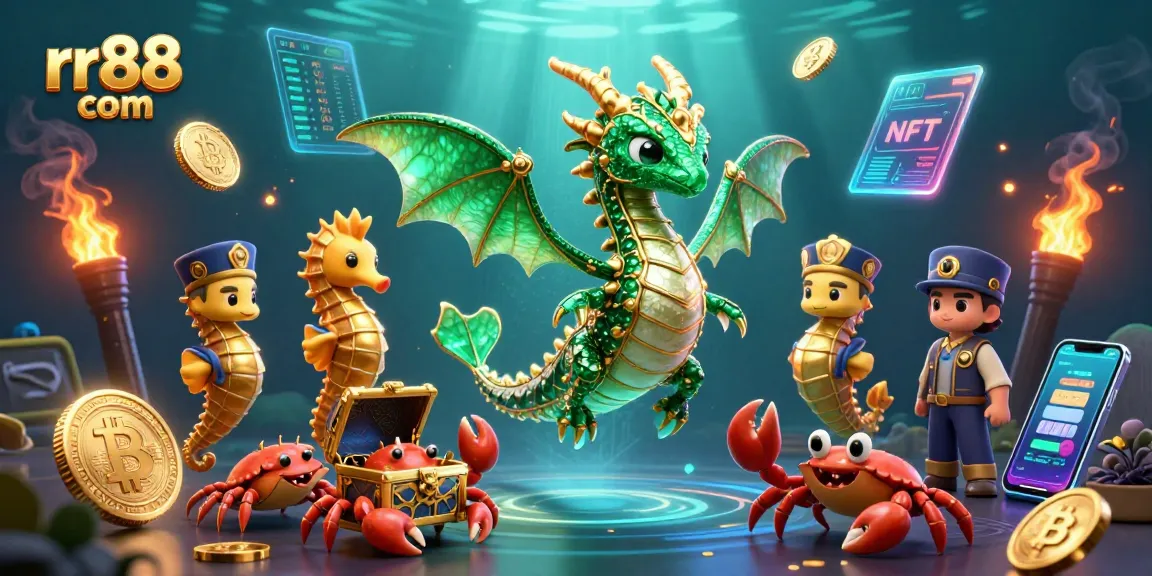 Engage in gaming with rr88 com as a vibrant underwater scene featuring a dragon and crypto symbols.