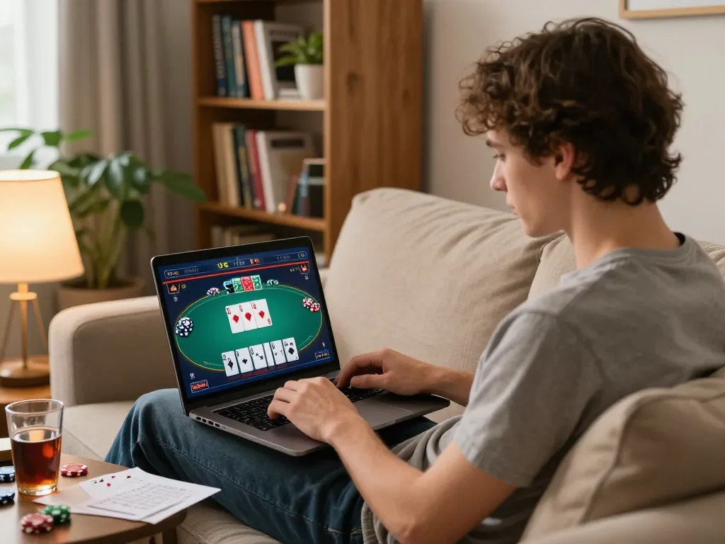 Engaged player using https://mm88.vin/ for online poker strategy in a cozy home.