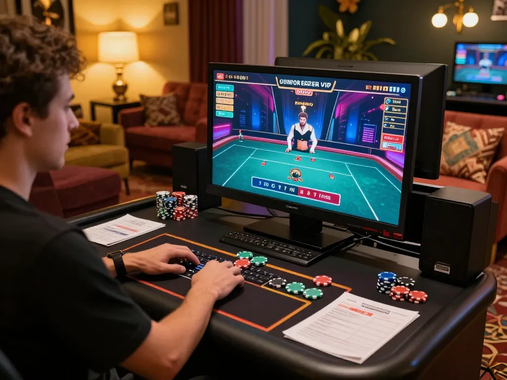Kuwin VIP player engaged in a live dealer game on a luxurious home gaming setup.