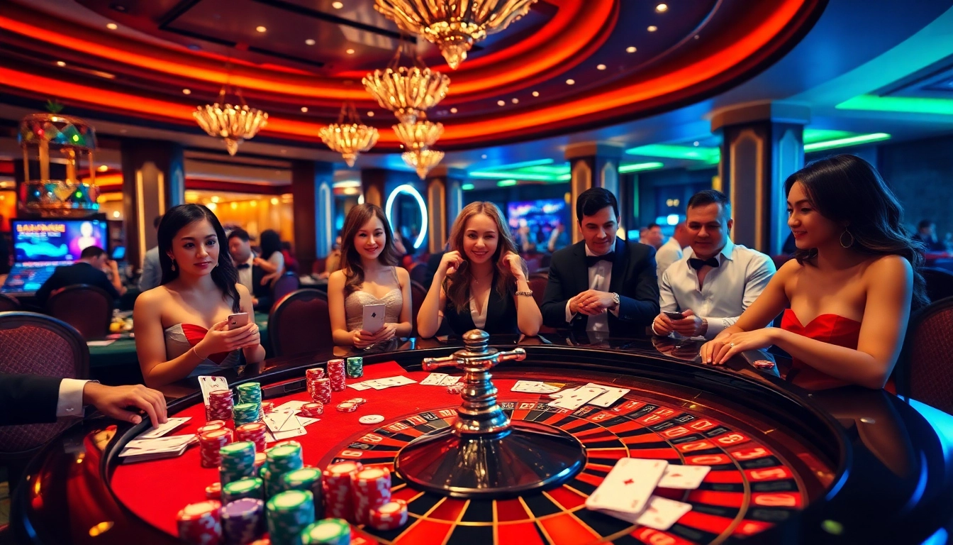 Engaging scene of players at HAY 88 casino table, showcasing excitement and vibrant poker chips.