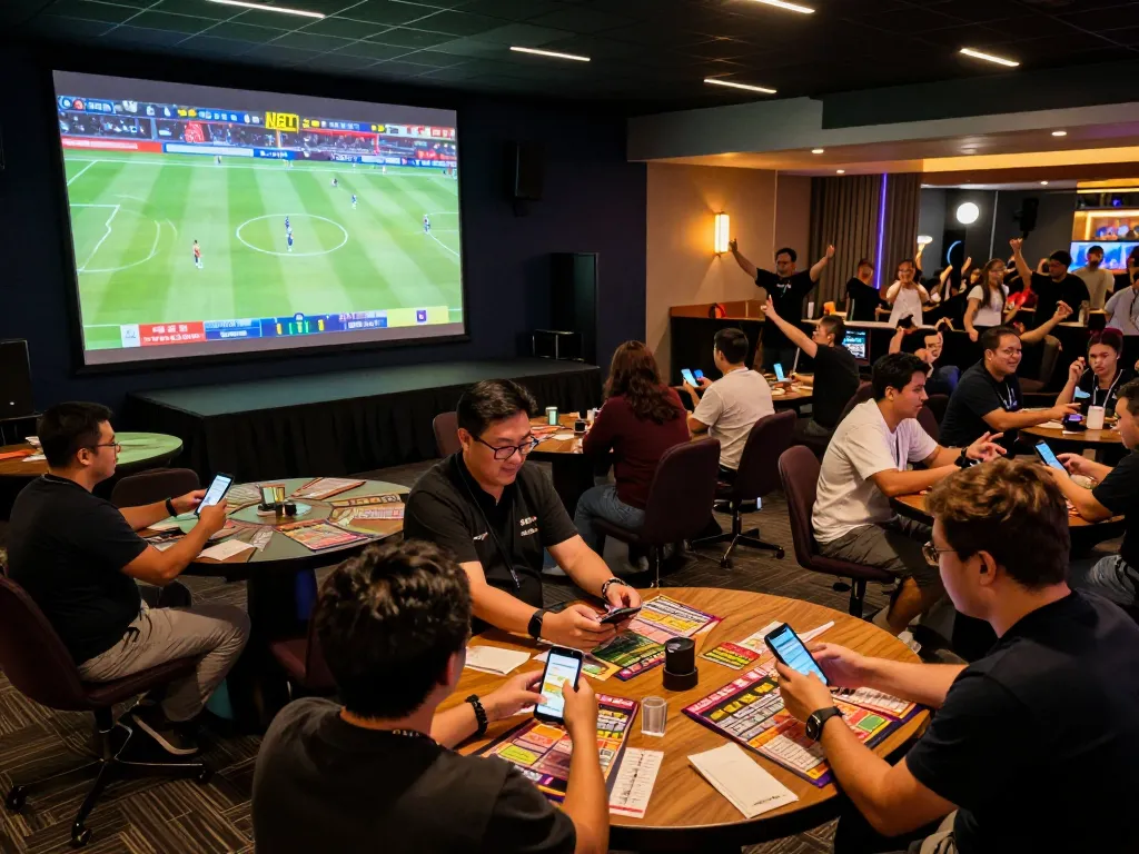 Excited fans participating in sports betting at NET88 event venue, engaging with live games.