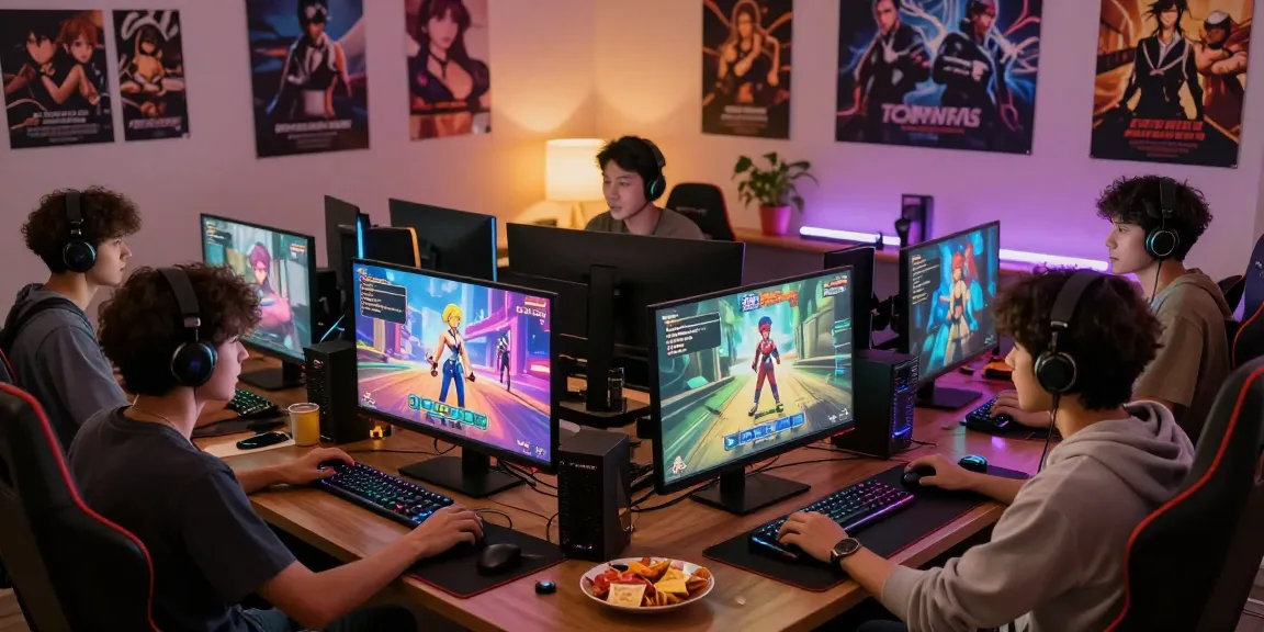 Group of friends enjoying free hentai games in a cozy gaming setup with vibrant visuals and snacks.