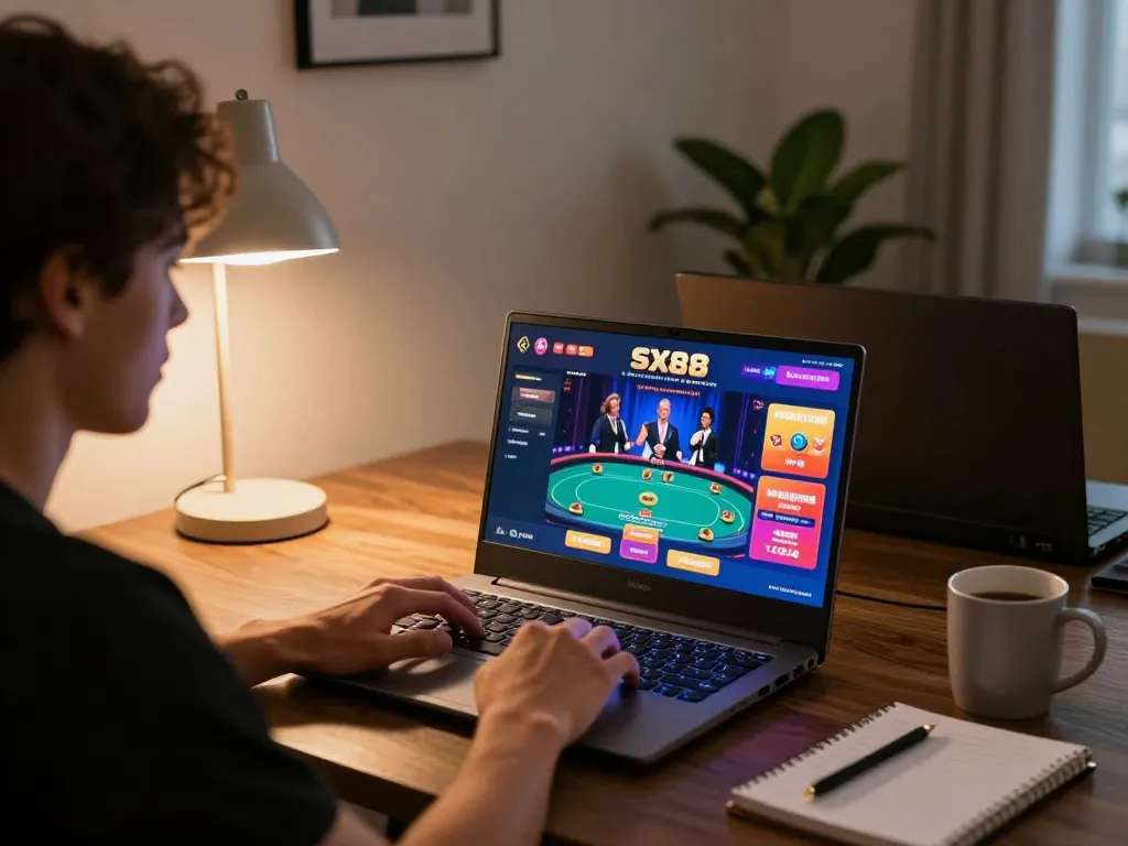 SX88 player engaging with online casino gaming interface on laptop, focused on strategy