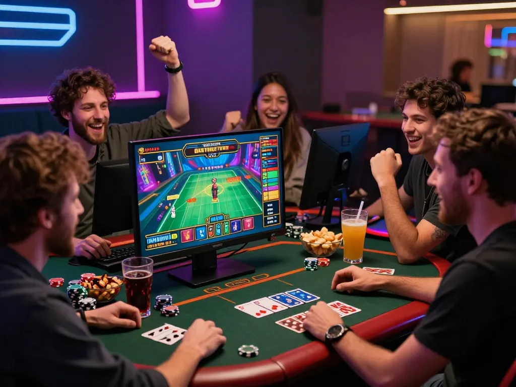 Diverse group enjoying online betting games at https://nohu78.de.com with lively atmosphere and gaming elements.