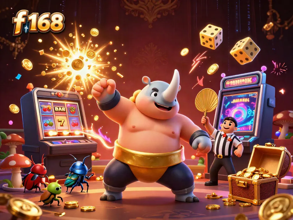 Experience the thrill with f 168's cartoon beetle champion amidst a vibrant casino scene.