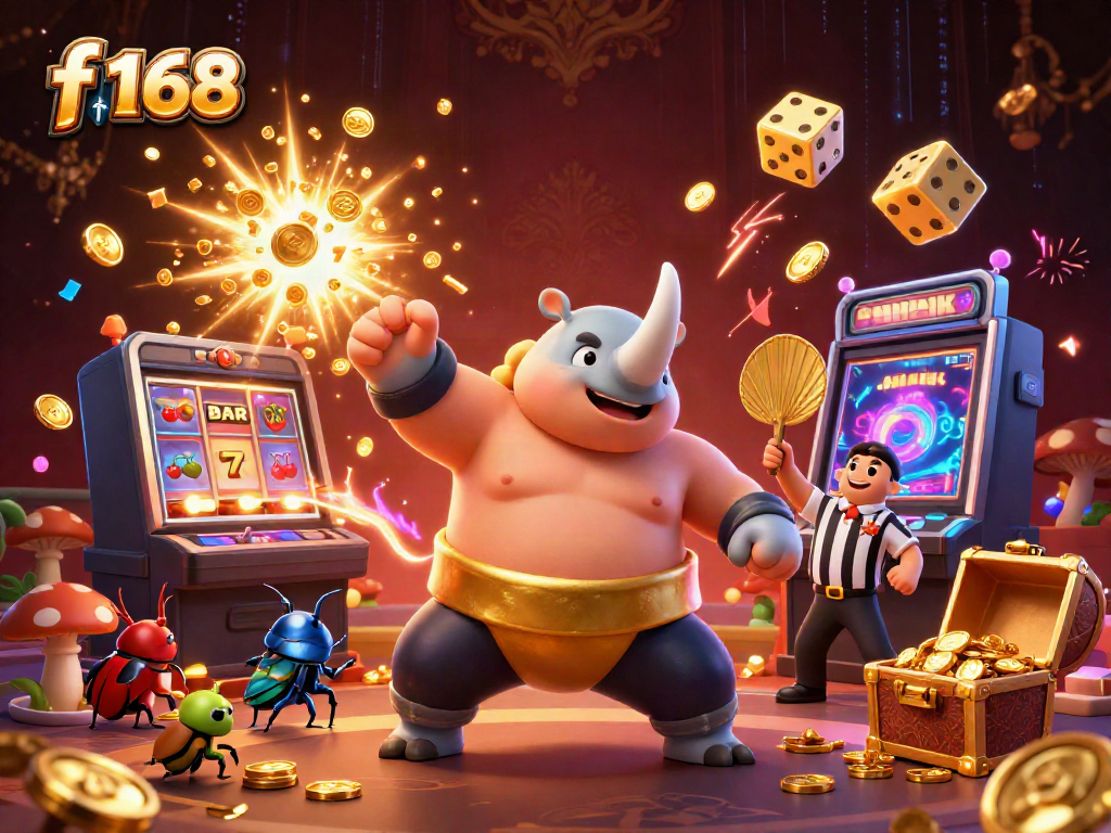 Experience the thrill with f 168's cartoon beetle champion amidst a vibrant casino scene.