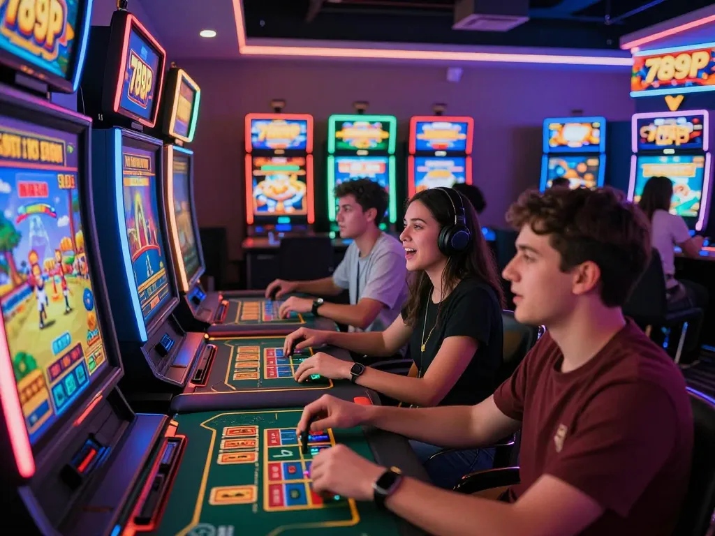 Exciting gaming scene at https://789p1.de.com, featuring diverse players enjoying online casino games in a vibrant digital environment.