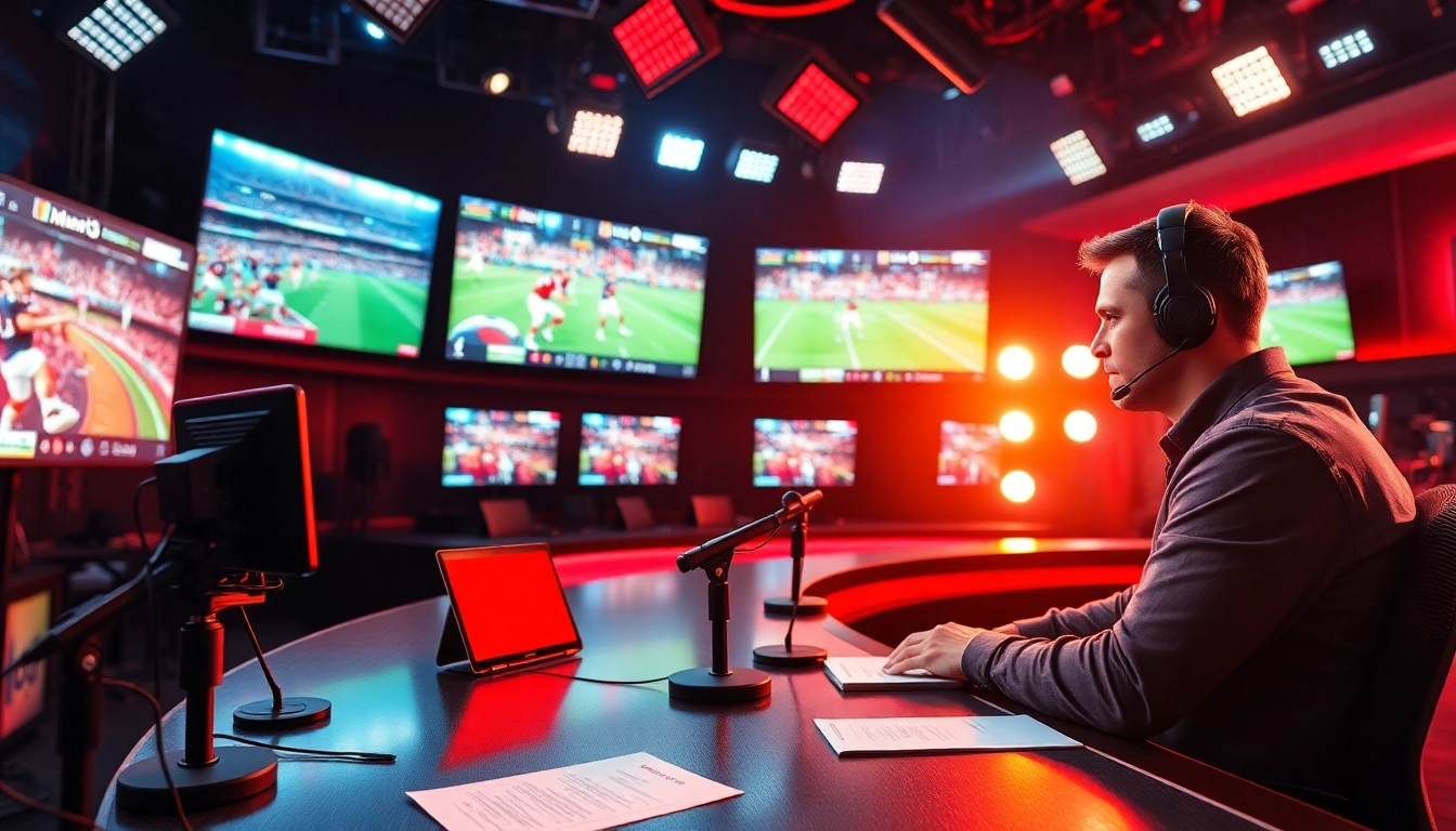 Engaging sports broadcasting scene with multiple screens displaying live coverage showcasing dynamic reporting.
