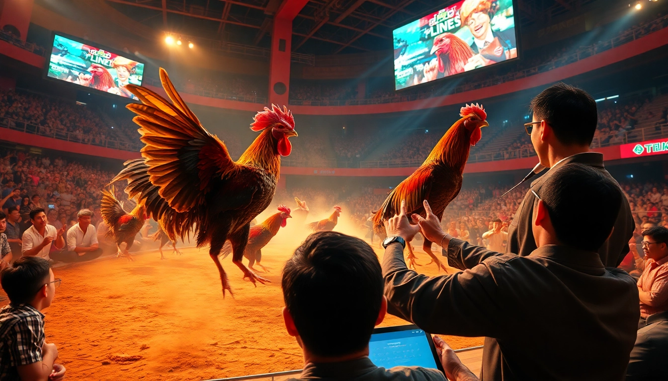 Experience the thrill of đá gà trực tiếp bình luận viên hôm nay in a vibrant live arena scene.