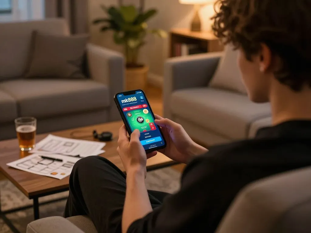 Player enjoying nk88 mobile gaming with strategy notes in a cozy living room setting