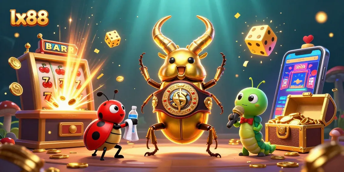 lx88 explodes with excitement as a gaming scene showcases a giant stag beetle and colorful casino elements.