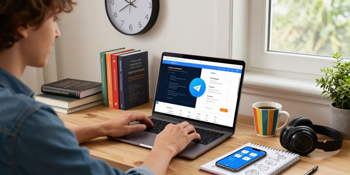 Using the Telegram web version in a modern home office with laptop and creative workspace.