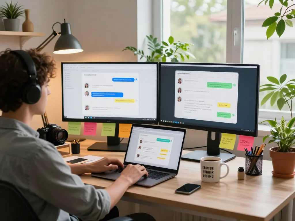 User engaging with CrushonAI in a vibrant home office environment, showcasing tech accessories and an inviting atmosphere.