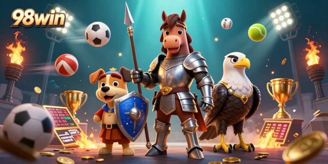 Bet on thrilling games with 98win in an energetic casino scene showcasing knights, sports, and trophies.