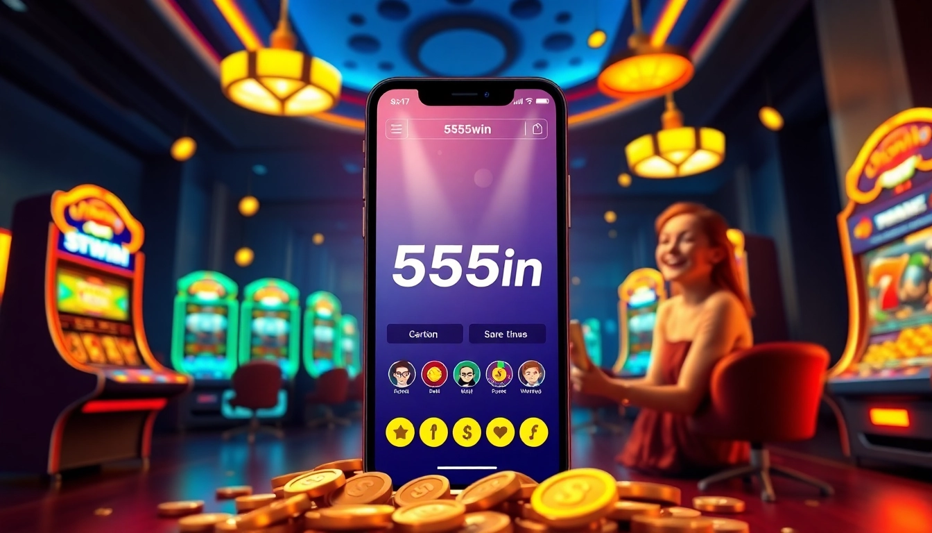 Exciting 555win online gambling scene with modern app interface and happy user.