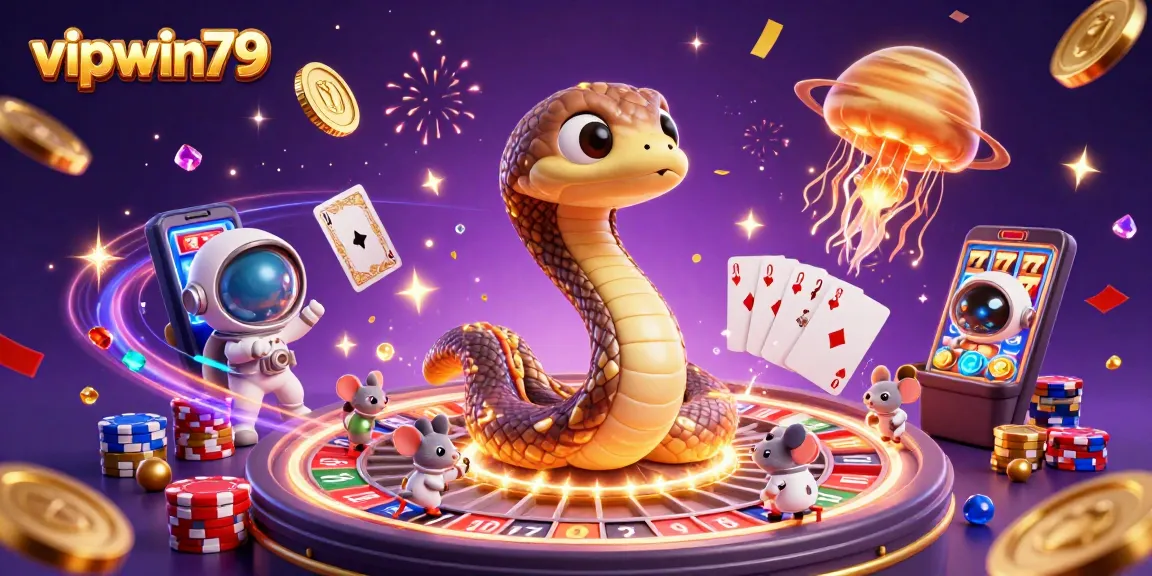 Place bets with vipwin79 on an exciting cosmic casino scene with vibrant characters and dynamic game elements.