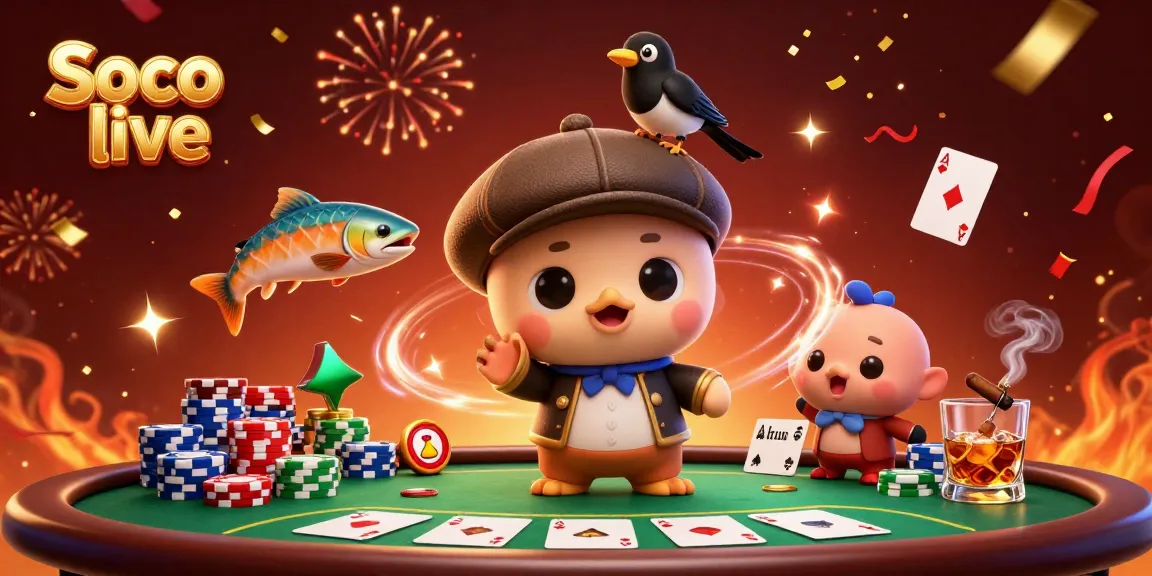 Soco live players enjoying a vibrant poker scene with colorful chips and festive decorations.