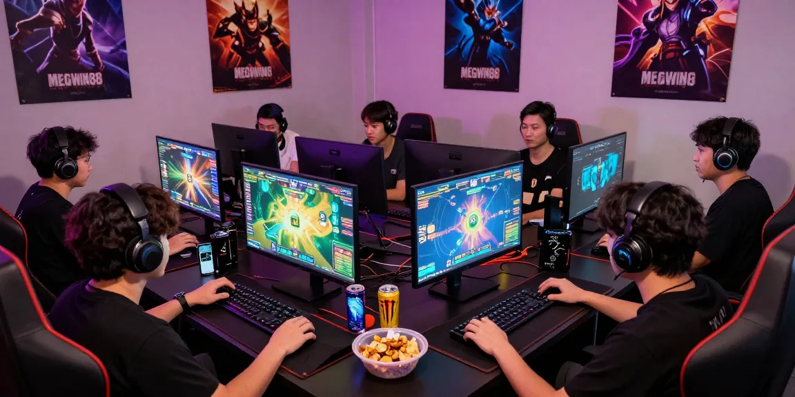 Komunitas gaming MEGAWIN88 yang meriah dengan pemain berdiskusi dan bermain bersama.