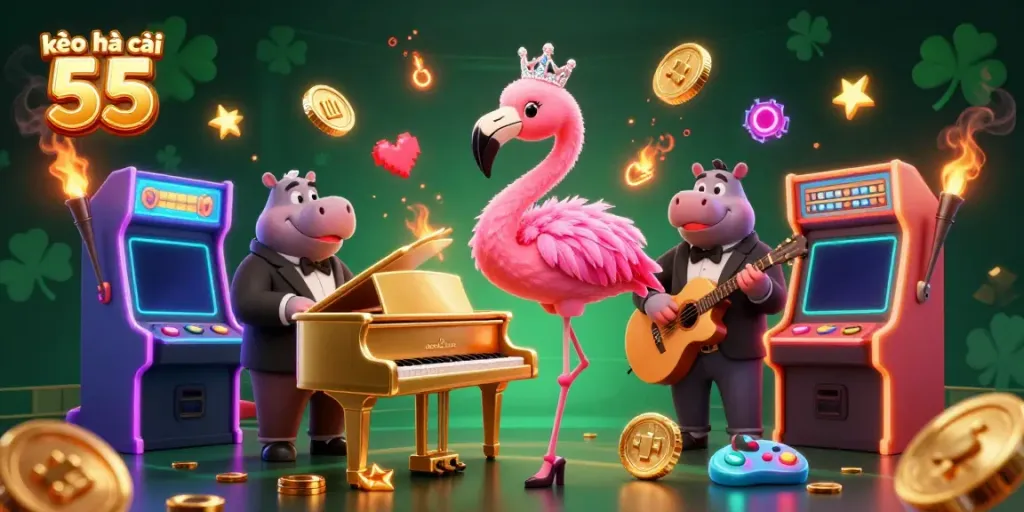 Engage with kèo nhà cái 55 in this vibrant illustration featuring casino-themed characters and elements.