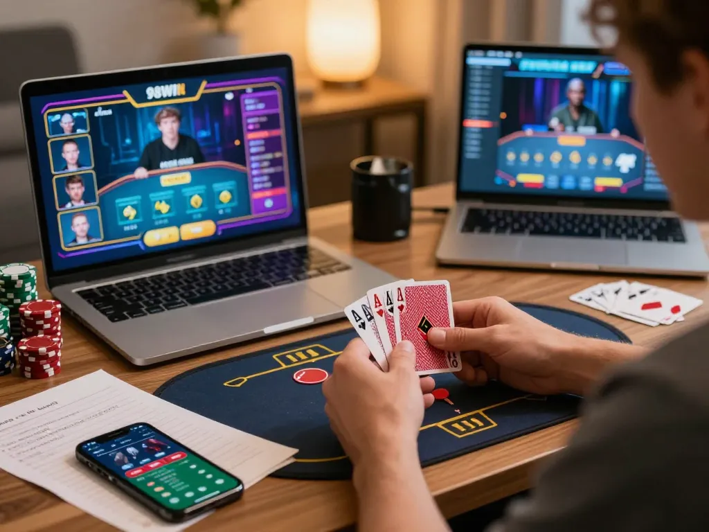 Players strategizing in online poker game within 98win club, vibrant atmosphere with engaging betting interfaces.