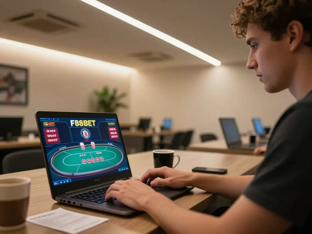 F88BET user engaging in an exciting online poker game from a modern gaming setup