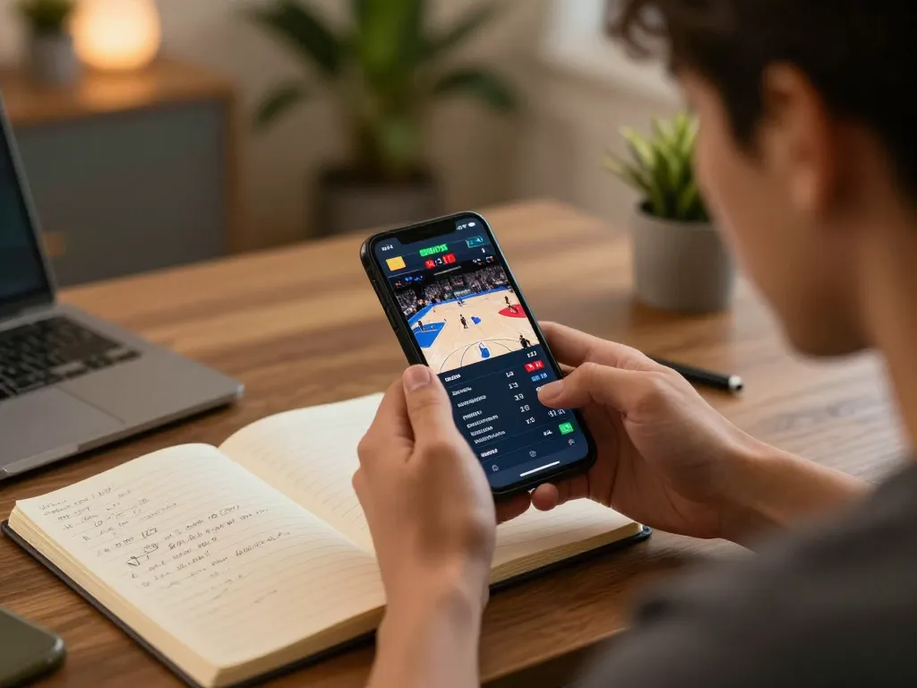 Person engaged in sports betting on mobile device, analyzing odds and strategies with open notebook, open88c.