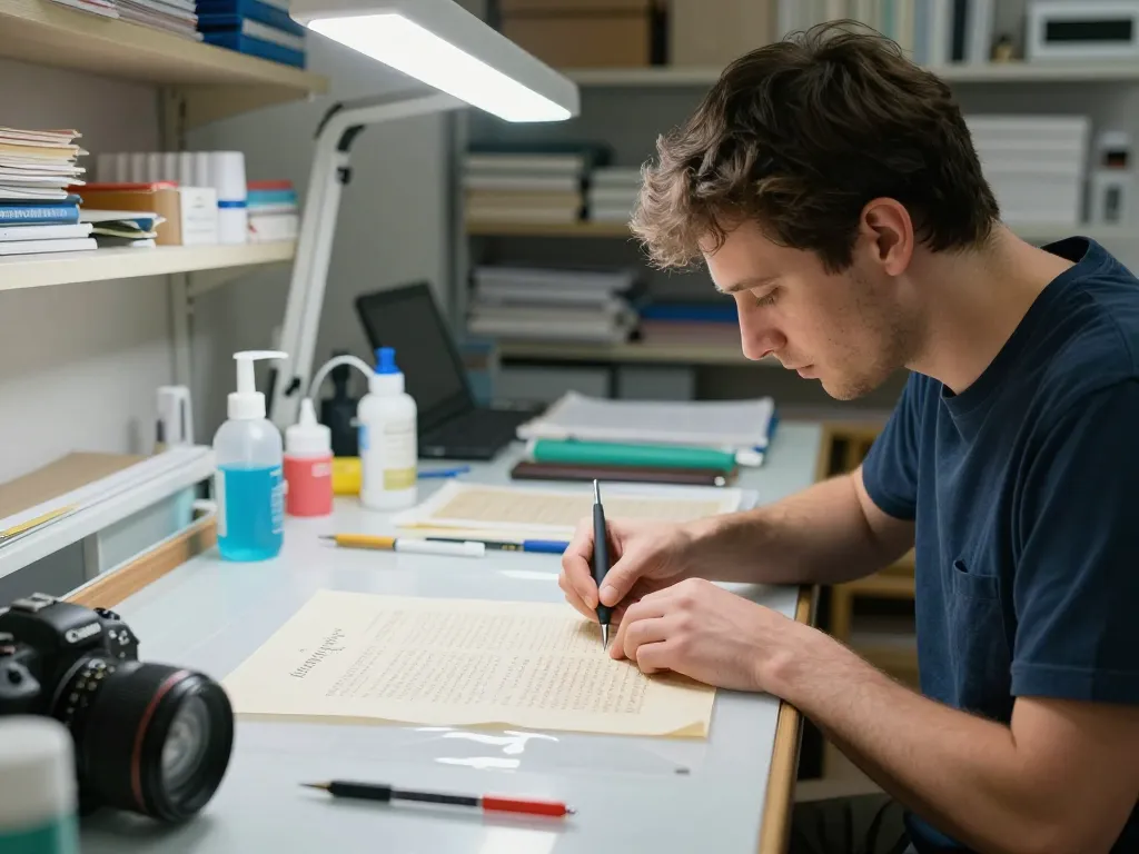 Professional document restoration technician performing cách bóc giấy tờ đã ép plastic safely and effectively.