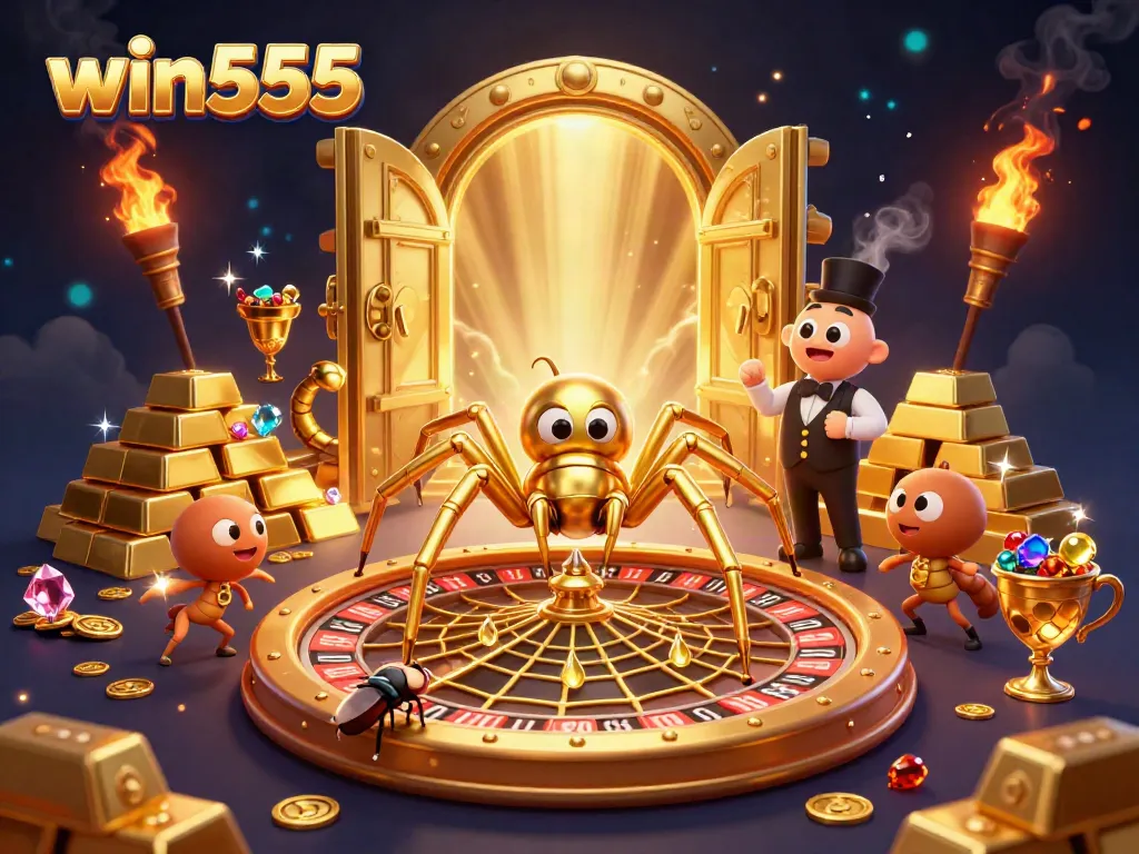 Experience the thrill of win555 with a dynamic 3D scene featuring a spider croupier and lavish casino elements.