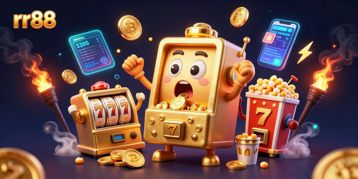 rr88 slot machine celebrates jackpot victory amidst cheering machines and popcorn, highlighting casino excitement