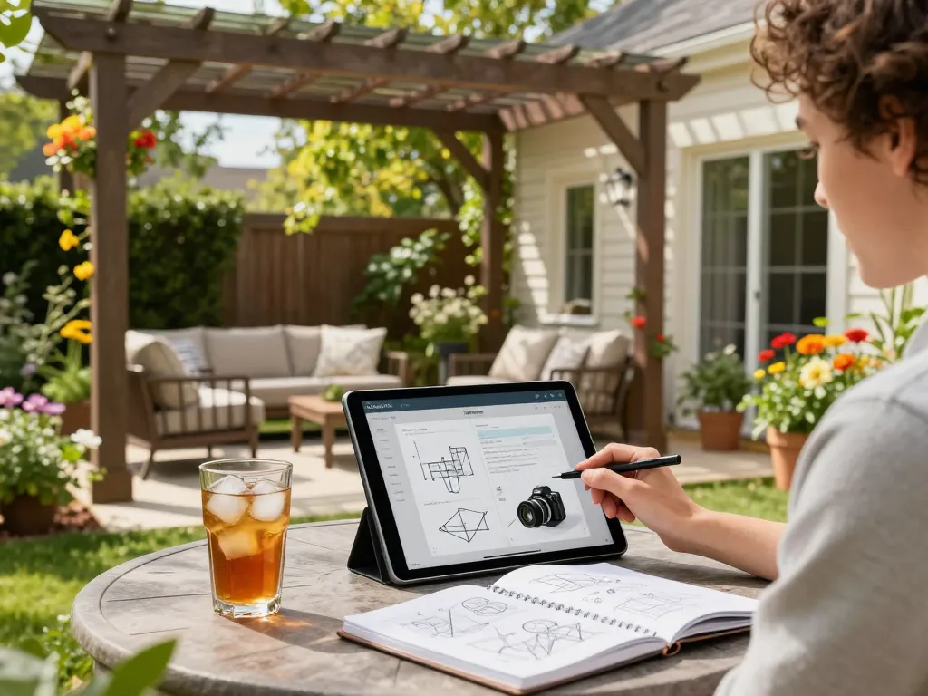 Configuratore pergole con preventivi automatici in un elegante giardino con vegetazione lussureggiante e una persona che utilizza un tablet per ispirazione nel design.