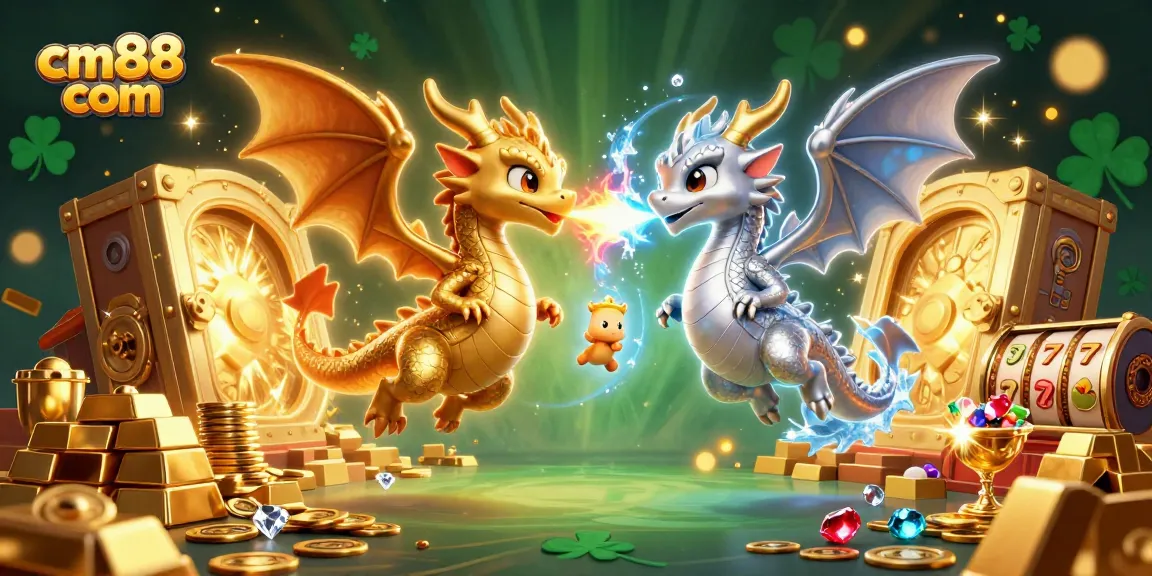 Experience the thrill of cm88 com with dynamic dragons amidst slot machines and treasures.