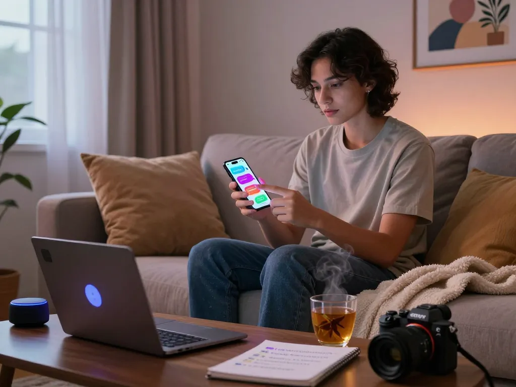 Engaging in sex ai chat on a smartphone in a cozy home setting with an inviting atmosphere.