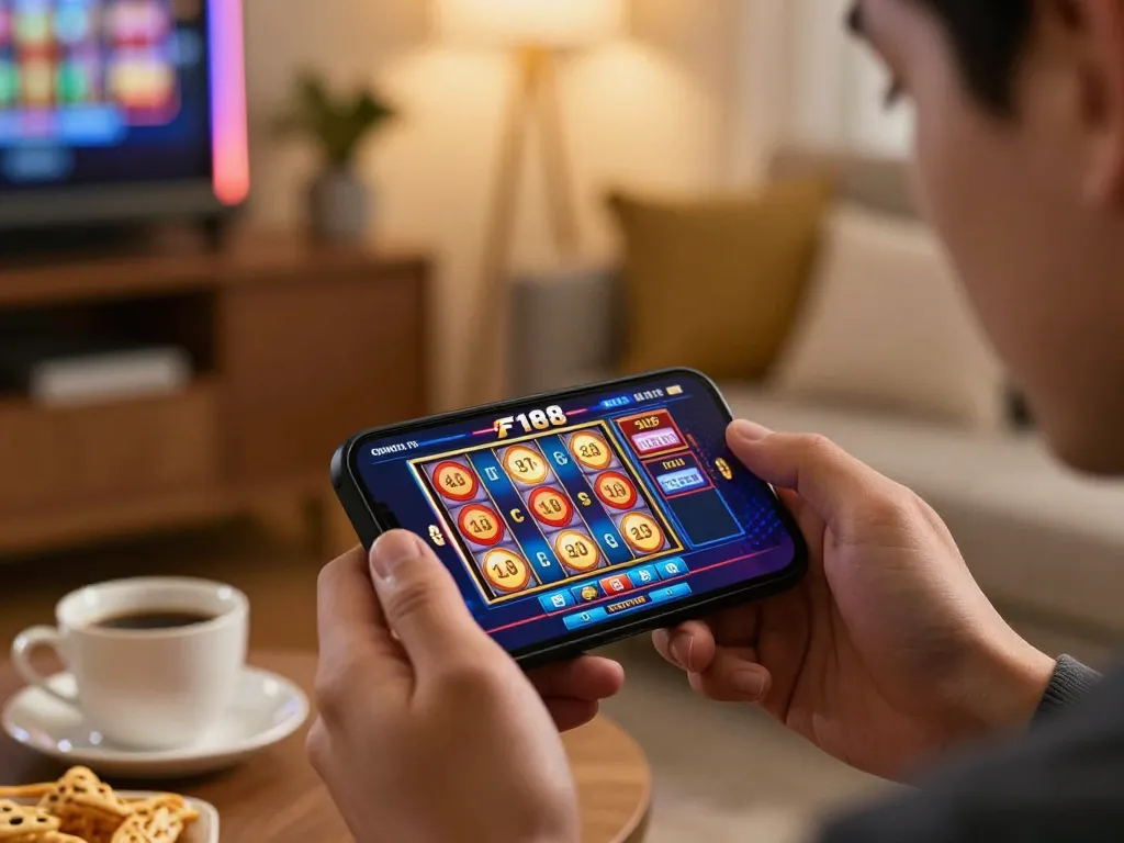 Player engaging with F168 casino app on smartphone, vibrant slot graphics enhance gaming experience