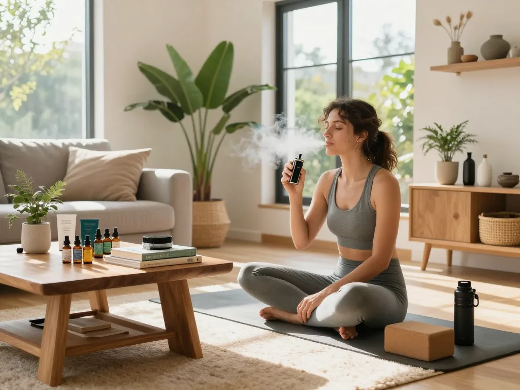 Dispositivo vaporizzatori THC in un centro benessere soleggiato, con olio CBD biologico e piante.